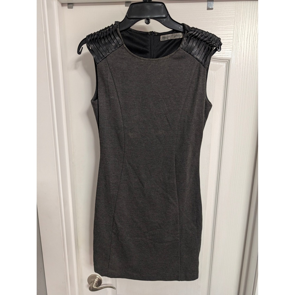 Charles/Young Gray Sheath Dress Faux Leather Pleated Shoulder Accents